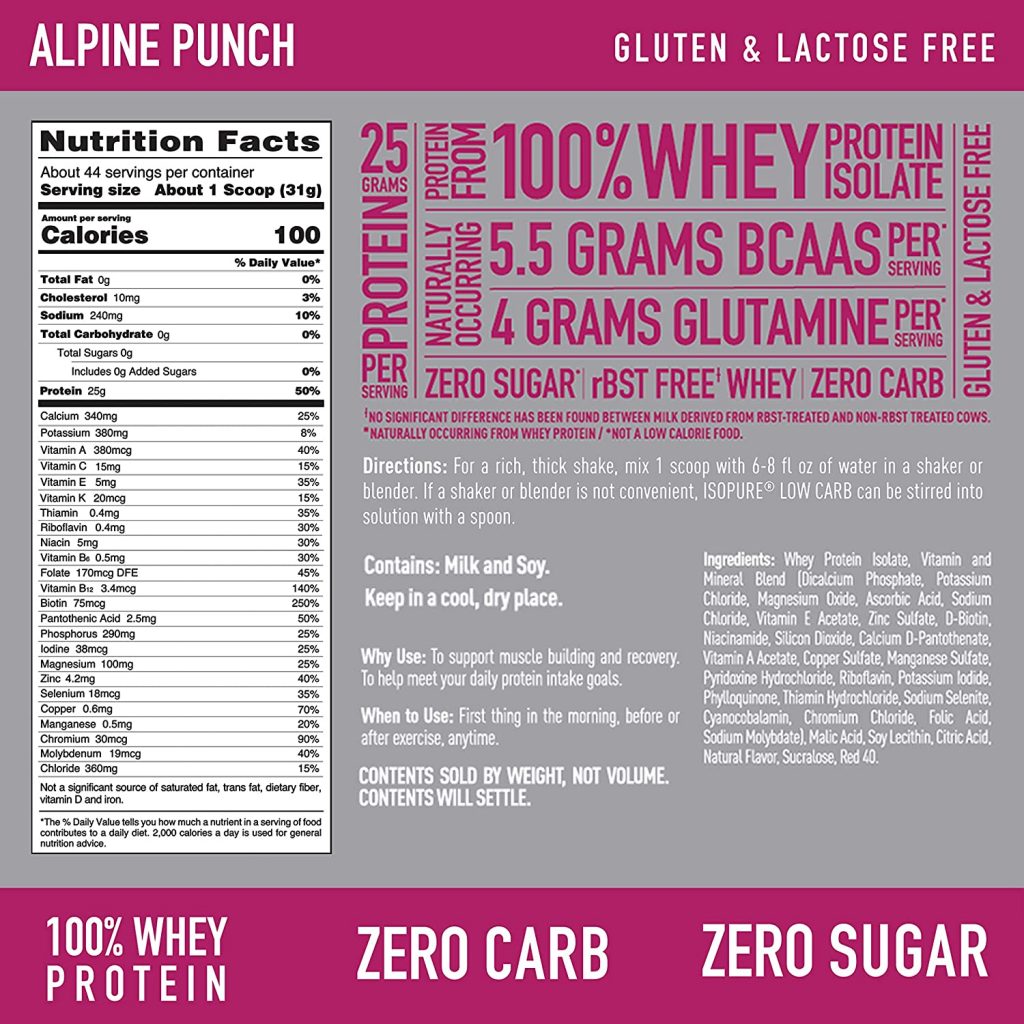 isopure zero carb nutrition facts