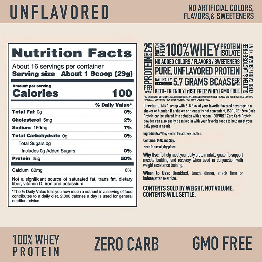 isopure zero carb unflavored nutrition facts